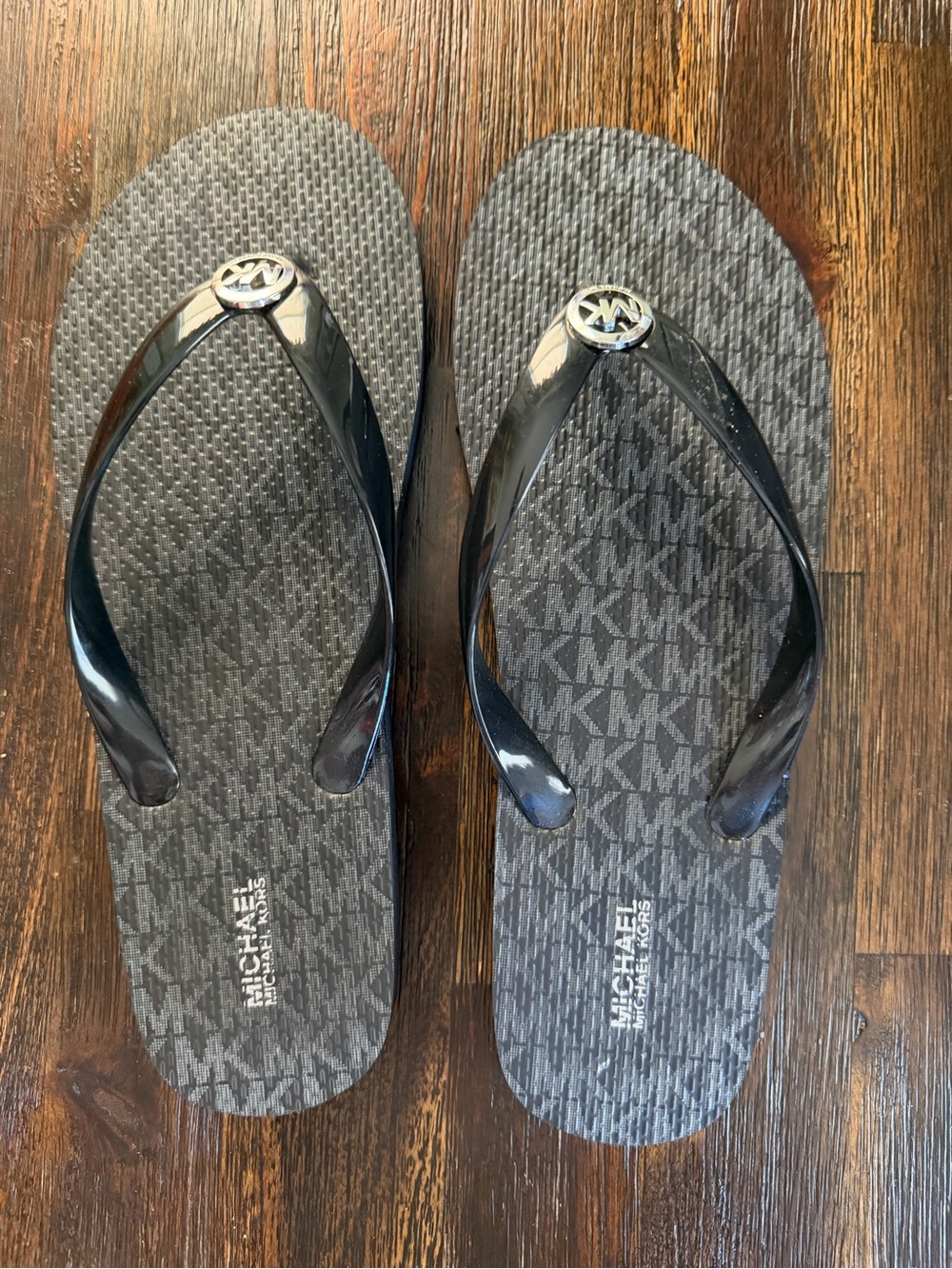 MICHAEL Michael Kors Black MK Logo Pattern Flip Flops